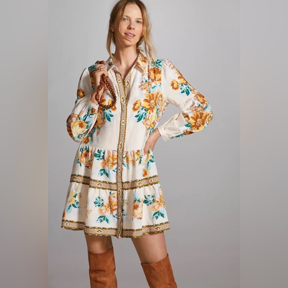 Anthropologie Dresses & Skirts - Anthropologie Floral Tiered Mini Shirt Dress